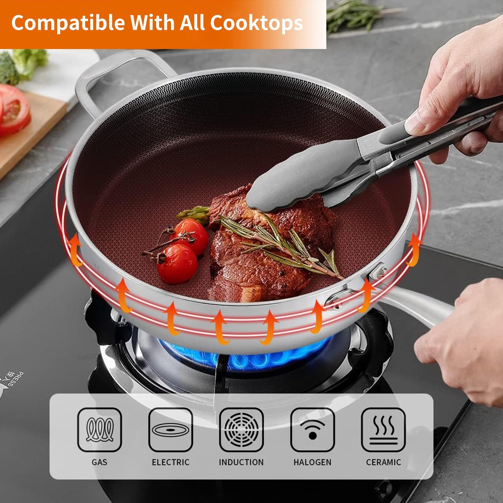DELARLO Frying Pan,12 inch Tri-Ply Stainless Steel Skillet,6 Quart Saute Pan …