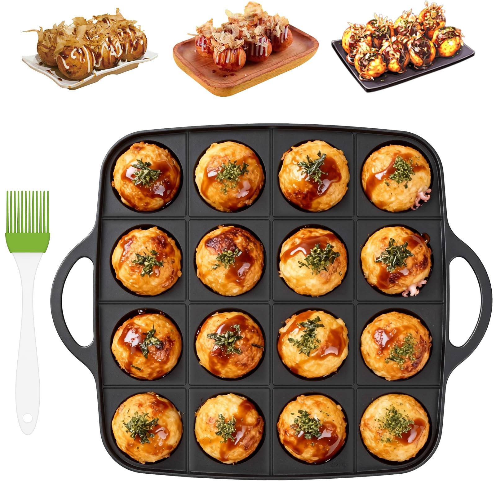 16Hole Nonstick Cast Aluminum Takoyaki Pan Octopus Ball Pancake Maker Brush