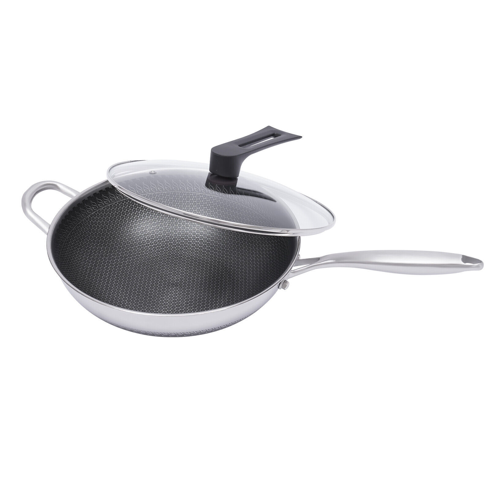 Non Stick Double Sided Honeycomb Cooking Frying Wok Pan with Lid Stainless Steel