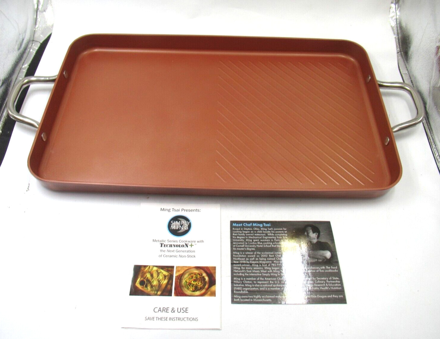 Non Stick Griddle TechnoloN Cookware w/ Instructions New! Simply Ming Metallic