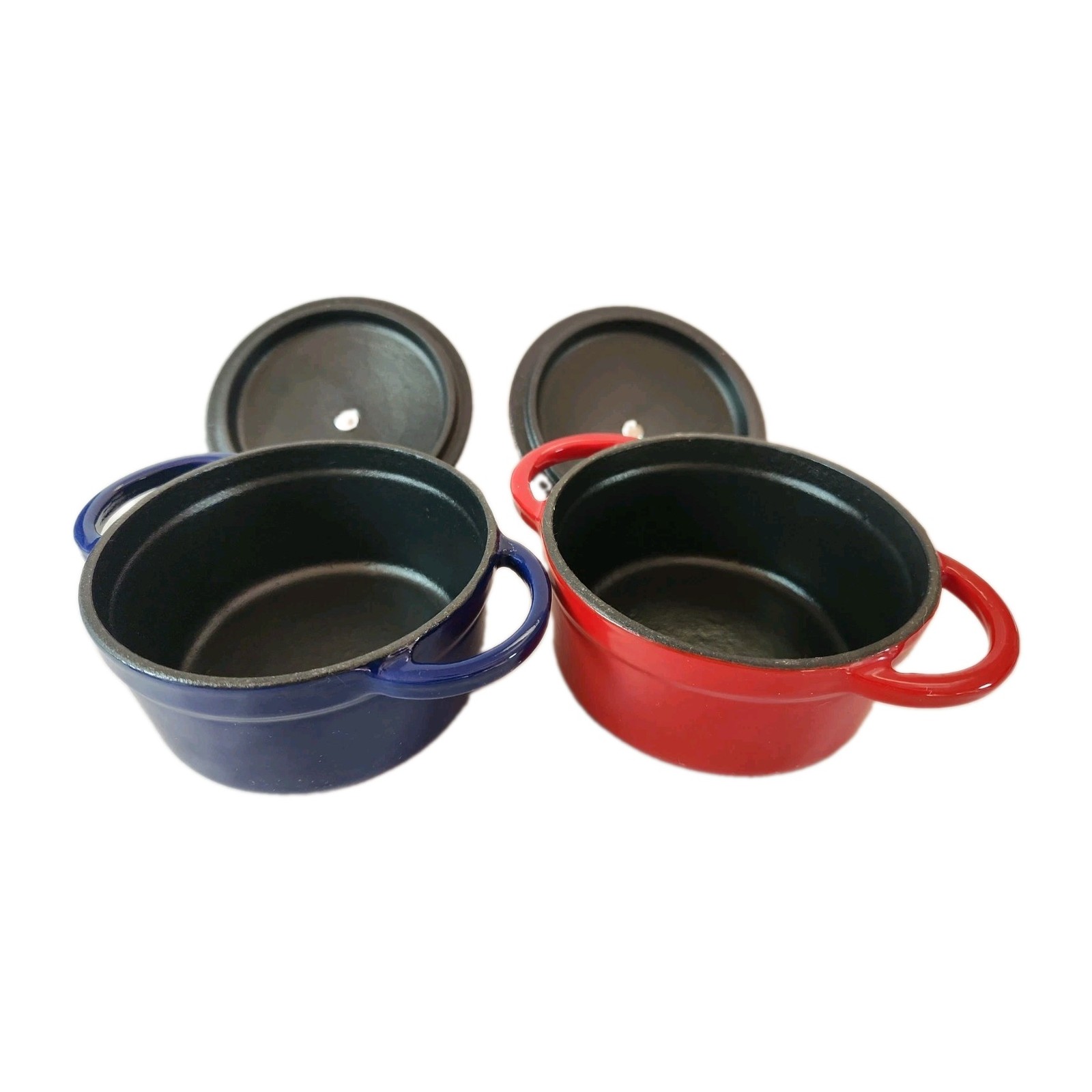 Fiesta Enameled Cast Iron Mini Dutch Oven Casserole Set of 2 Red Blue NWOT 0.35q