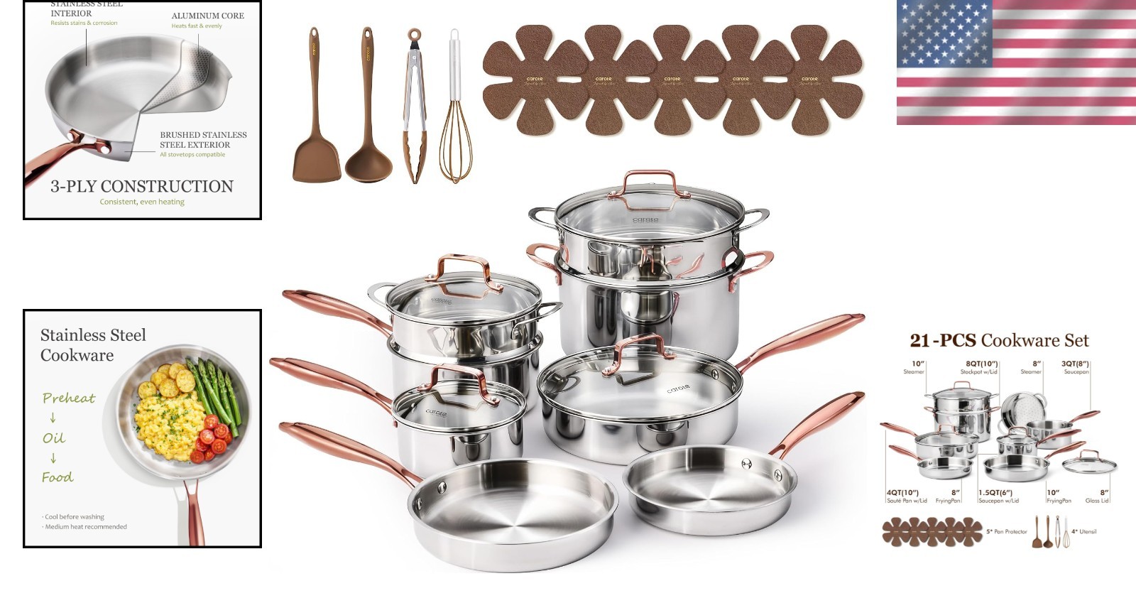 Comprehensive 21-Piece Stainless Steel Cookware Set – Oven & Dishwasher Safe