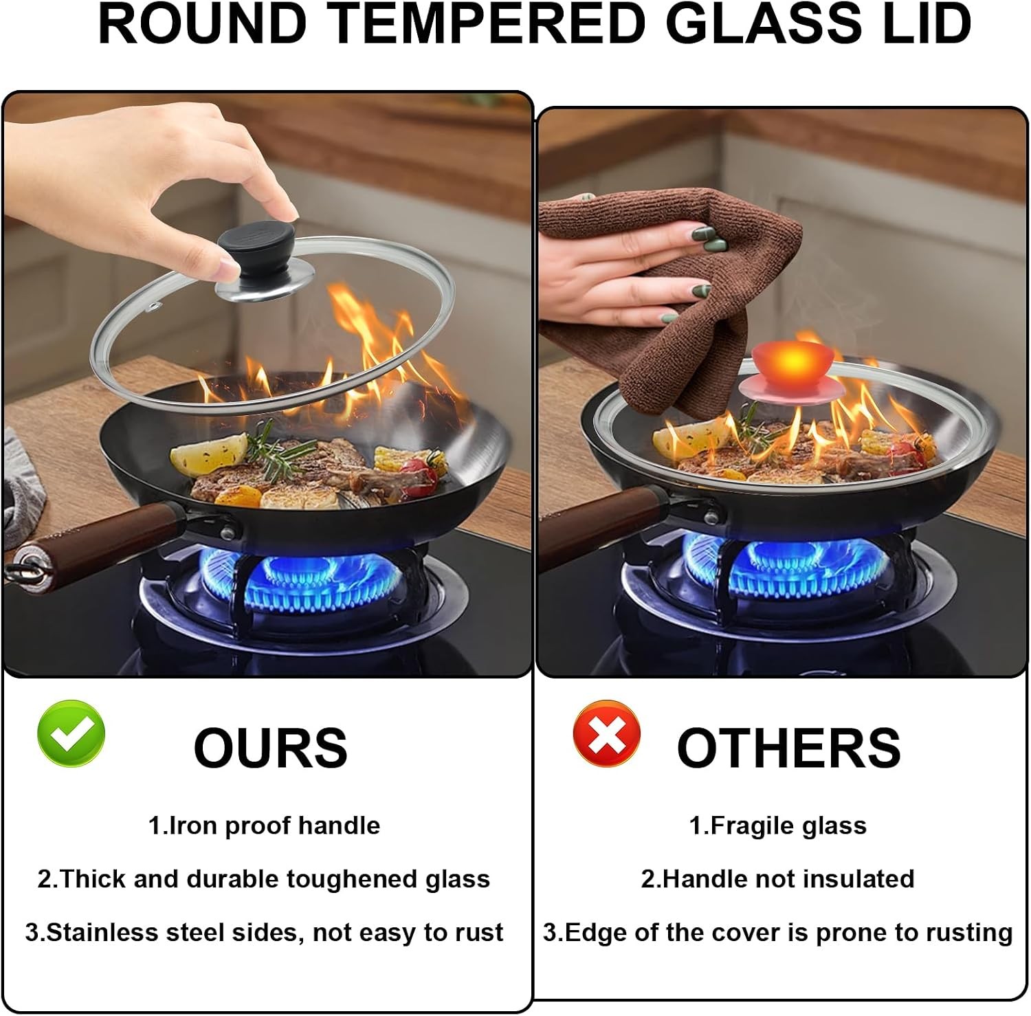 Glass Lid for Frying Pan 8 Inch Tempered Glass Pot Lid Cover with Stainless