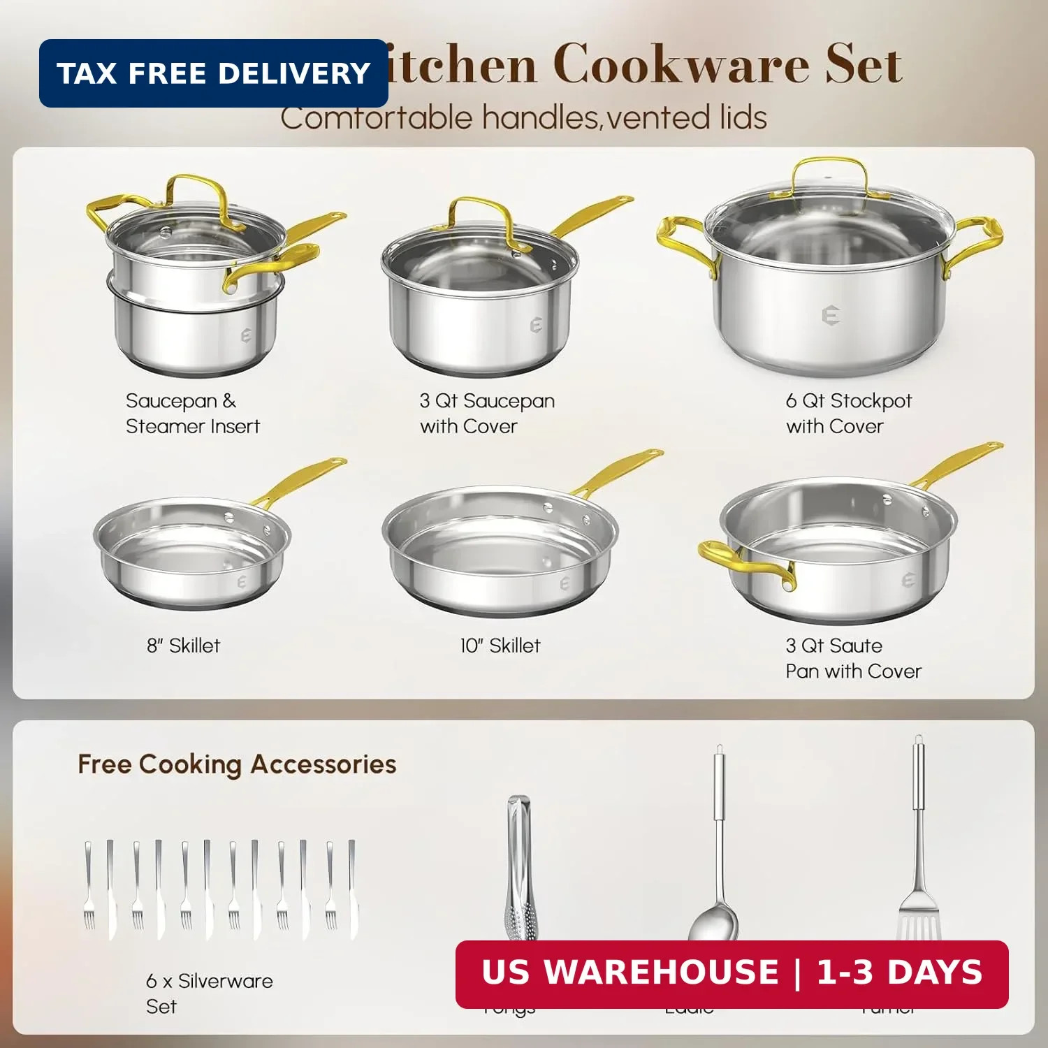 Stainless Steel Cookware Set, Tri-Ply Pots and Pans Set, 26 Piece Kitchen Cookin