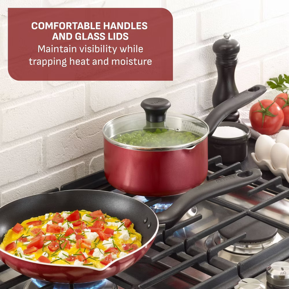 T-Fal 12pc Simply Cook Nonstick Cookware Set Red: Aluminum Ergonomic