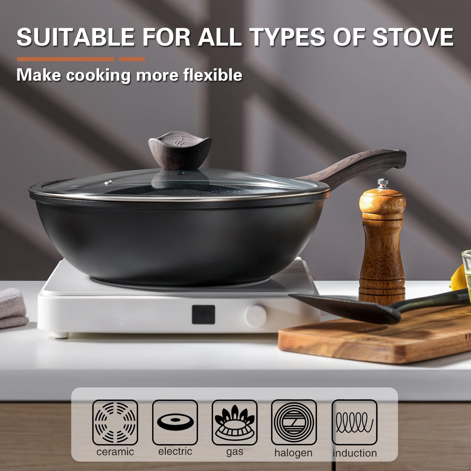 12 Inch Nonstick Wok With Lid Granite Stone Coating Stir Fry Pan Cookware