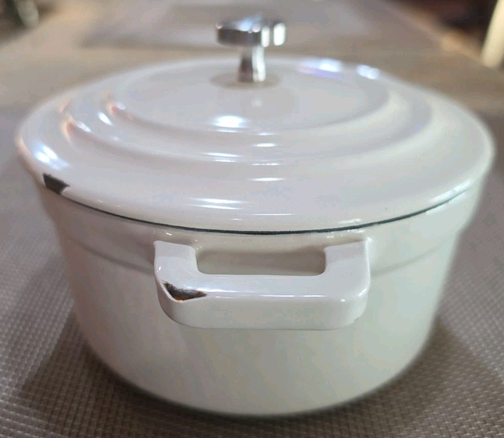 Hearth & Hand W/Magnolia Cast Iron Casserole Pot Mini Dutch Oven .5 Qt White 5″