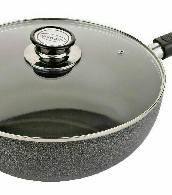 Non Stick Wok Pan With Vented Glass Lid 5.5 Quarts, Black