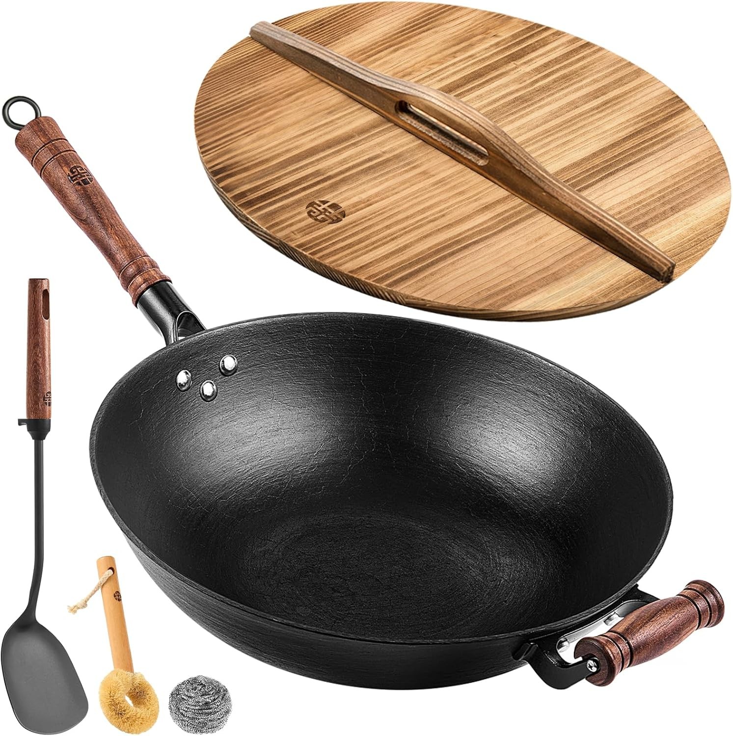 12.6 Inch Cast Iron Wok Pan with Wood Lid, Uncoated Flat Bottom Chinese Stir Fry
