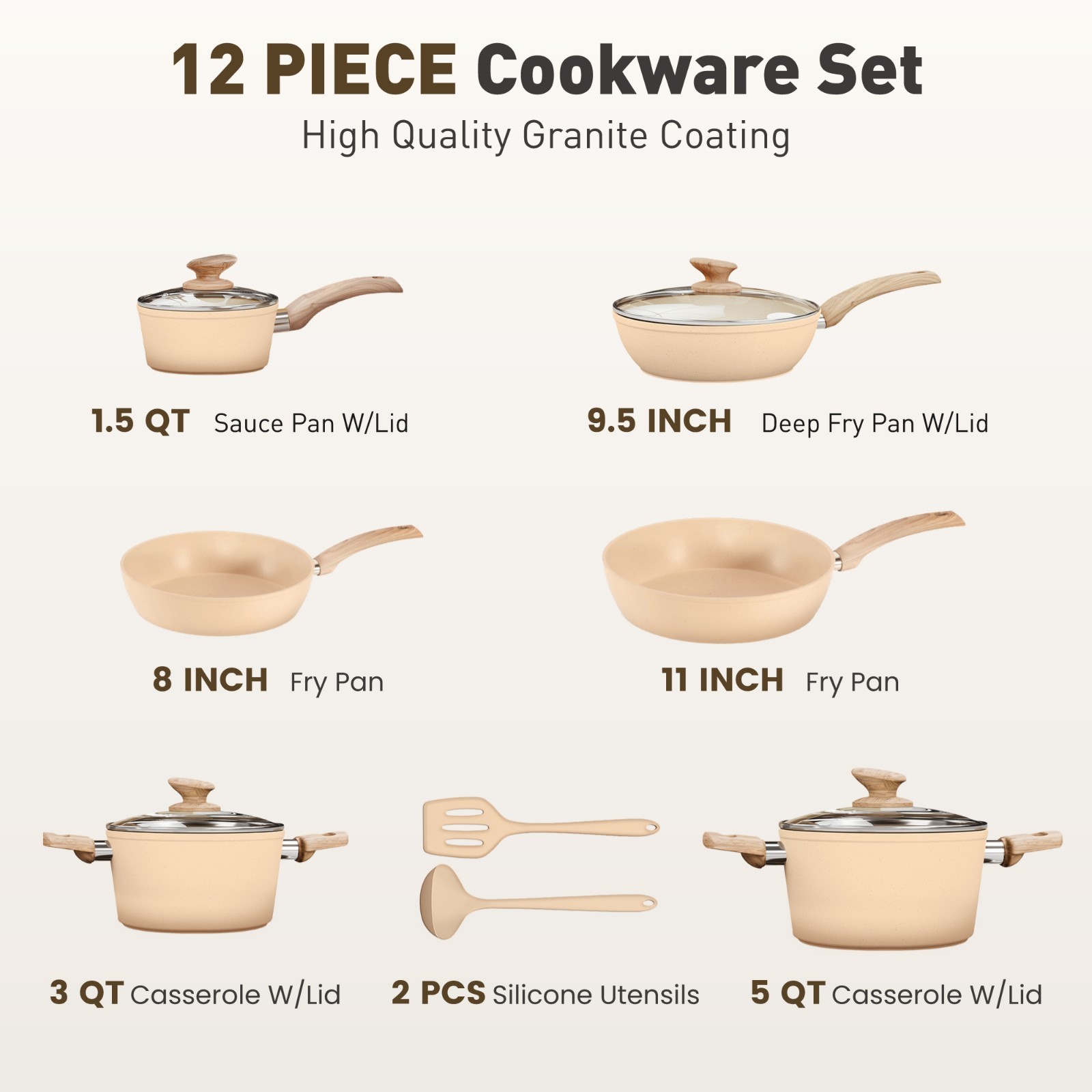 12 Pieces Pots & Pans Set Kitchen Nonstick Cookware Set Granite Coated with Lids