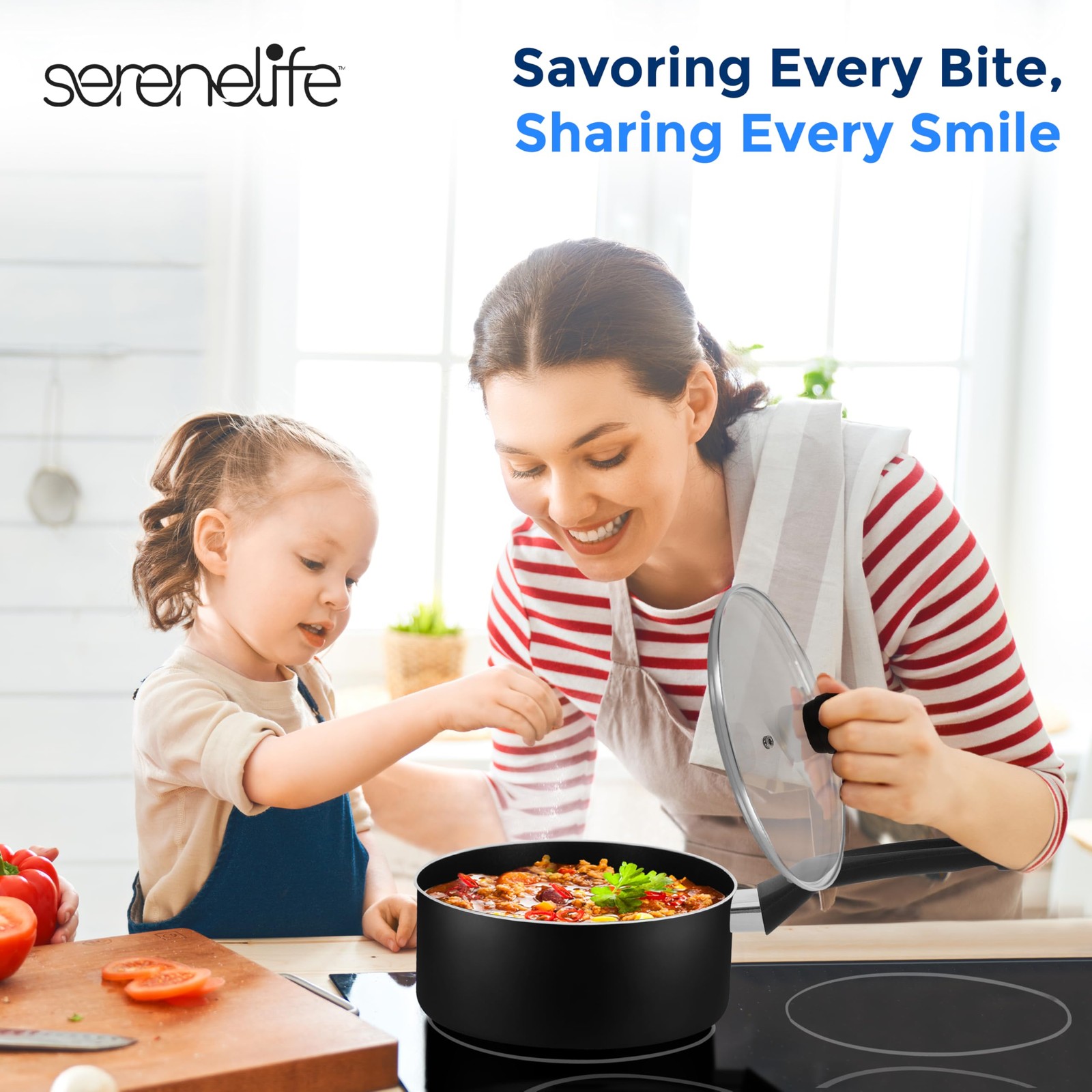 SereneLife 6-Piece Nonstick Cookware Set, Black, Dishwasher Safe