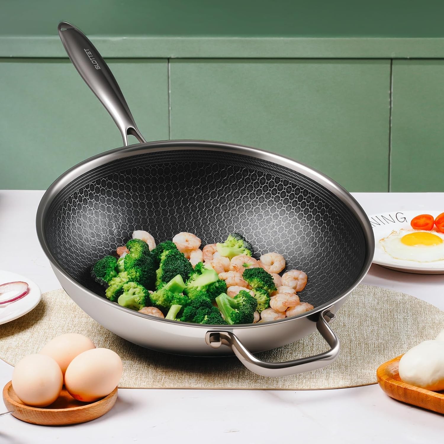 Hybrid 12-Inch Wok with Steer,Nonsti Stainl Steel Woks &