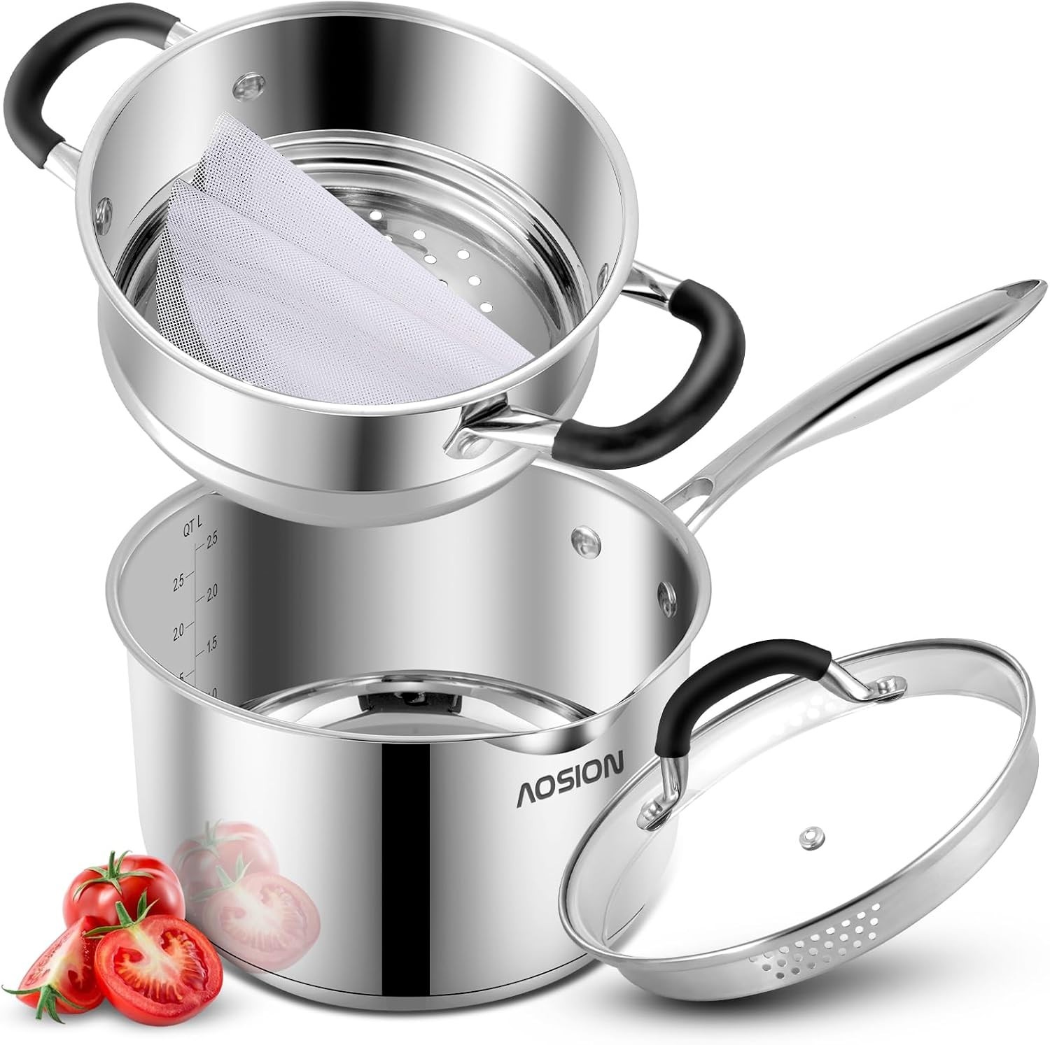 2.5 Quart Stainless Steel Saucepan with Steamer Basket,Small Pots for Cooking