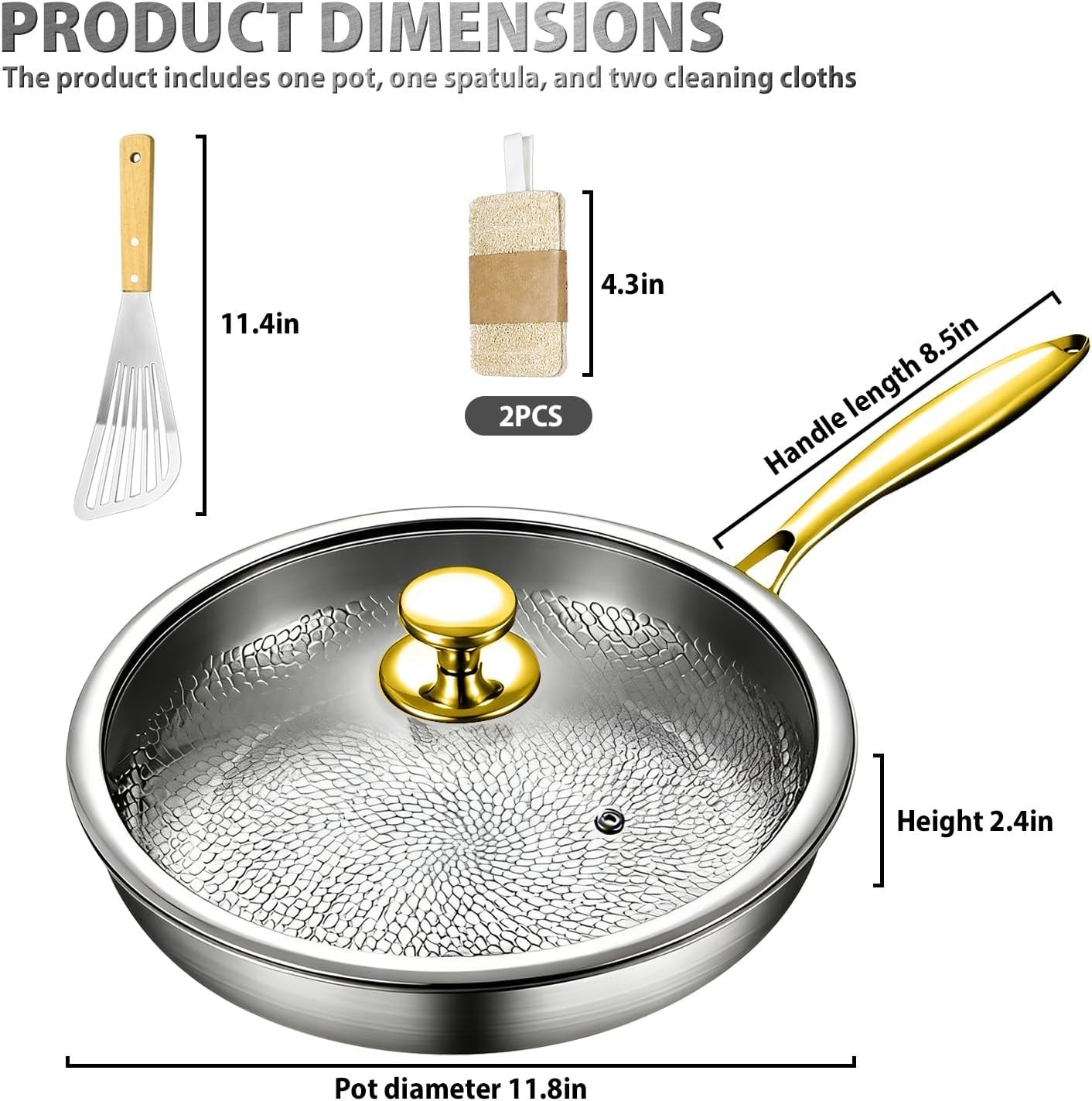 Pure Titanium Hammered Frying Pan with Lid, 12 Inch Skillet, No Coating
