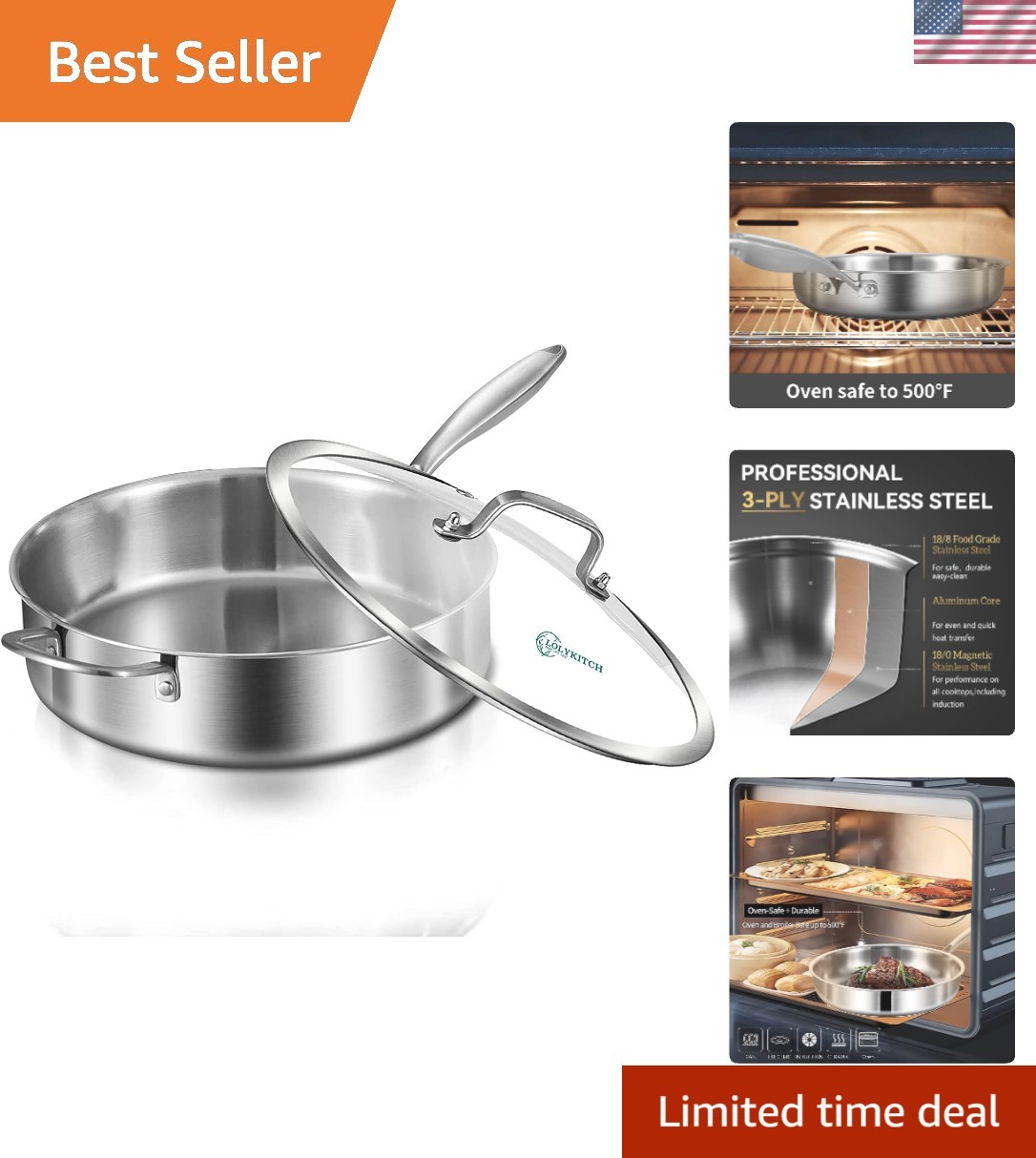 10 Inch Tri-Ply Stainless Steel Sauté Pan with Lid,3 QT Deep Frying Pan,Small…