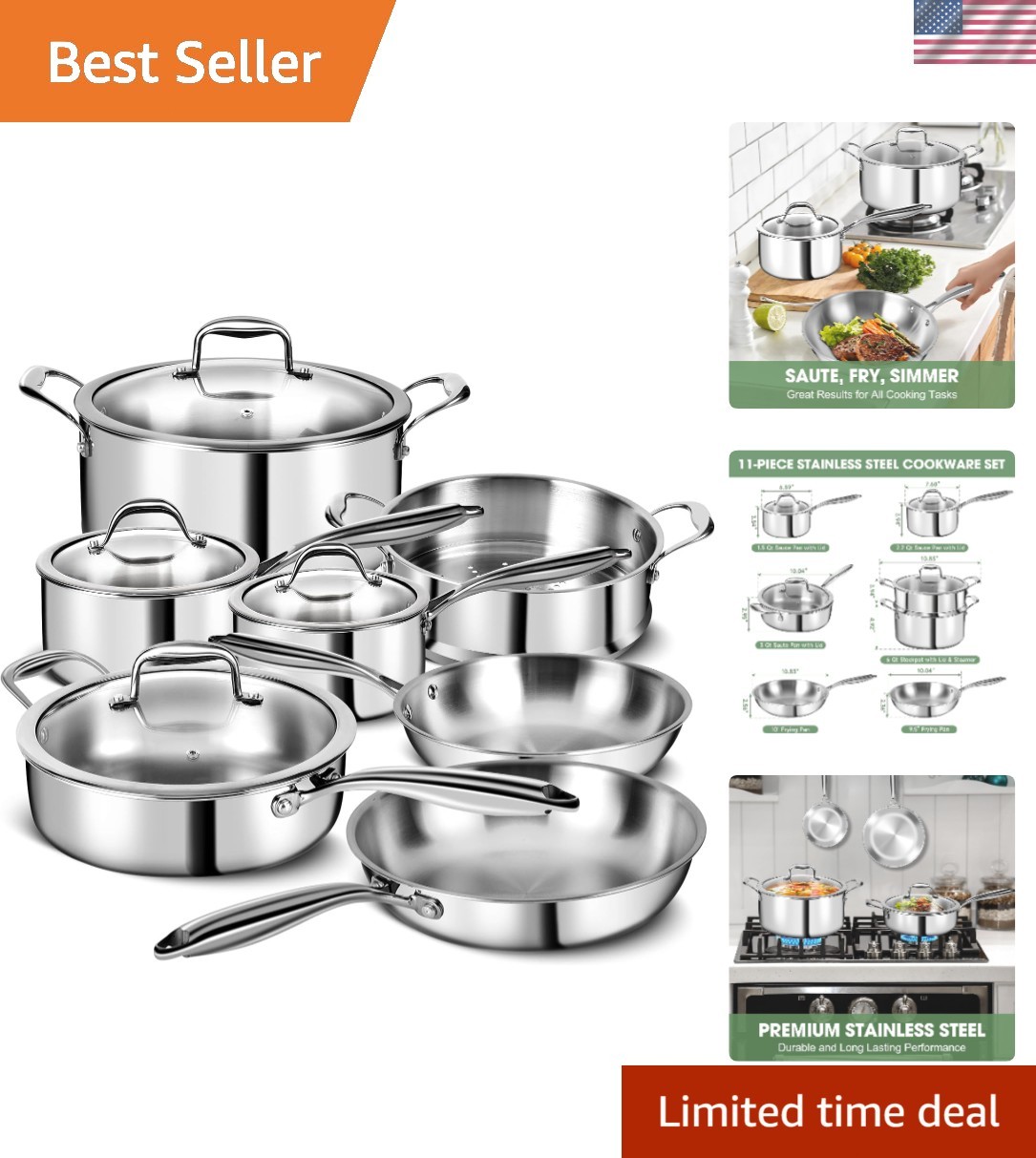 3 Ply Stainless Steel 11-Piece Cookware Set with Lids, Pots and Pans Kitchen …