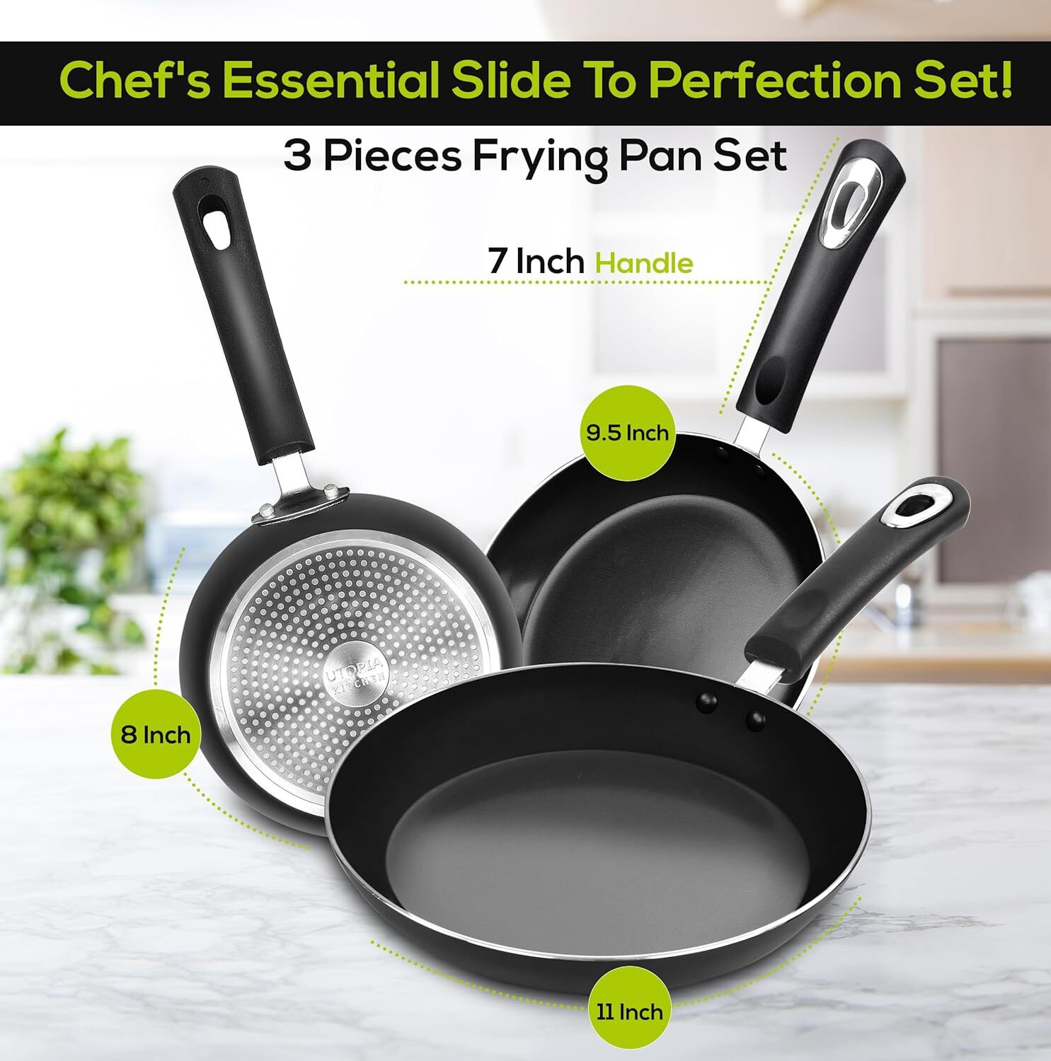 Non-Stick 3-Piece Skillet Set, 8, 9.5 and 11-Inch Skillets with Handles, Gray