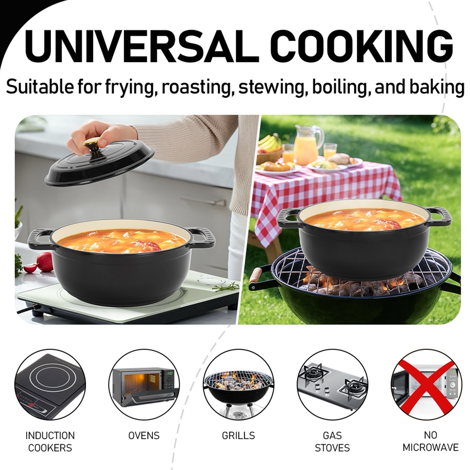 5 Qt Cast Iron Enamel Dutch Oven Casserole w/ Lid, Black, Induction/Gas