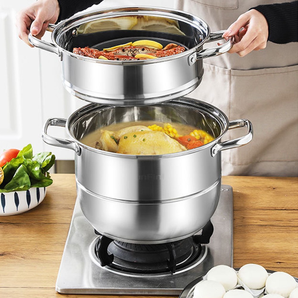3 Tier Stainless Steel Steamer Cooker Steam Pot Kitchen Food Cooking + Glass Lid