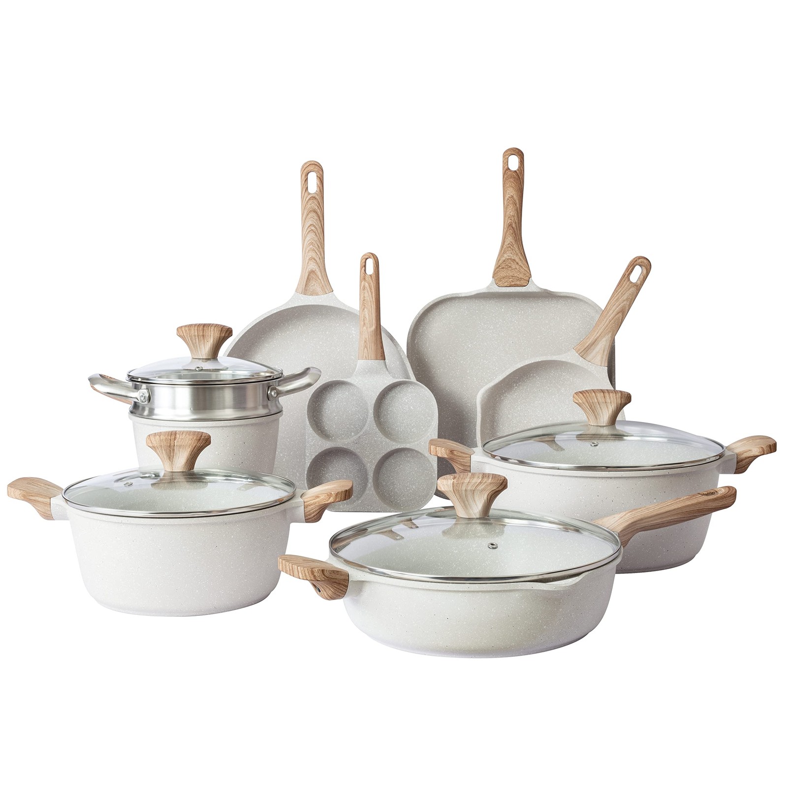 Country Kitchen Non-Stick Cast Aluminum Cookware Set – Durable 13 Pc., White