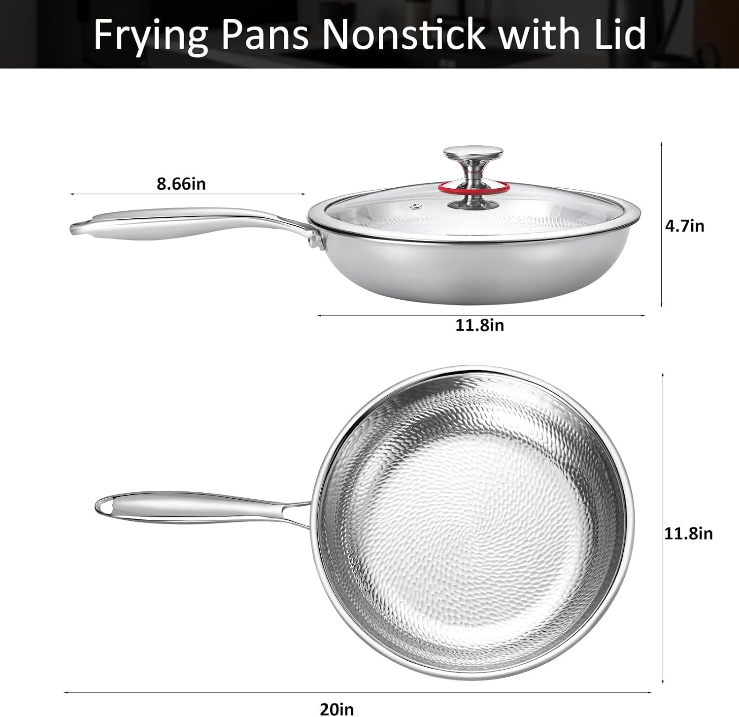 Pure Titanium Hammered Frying Pan with Lid, 12 Inch Skillet, No Coating Cookw…