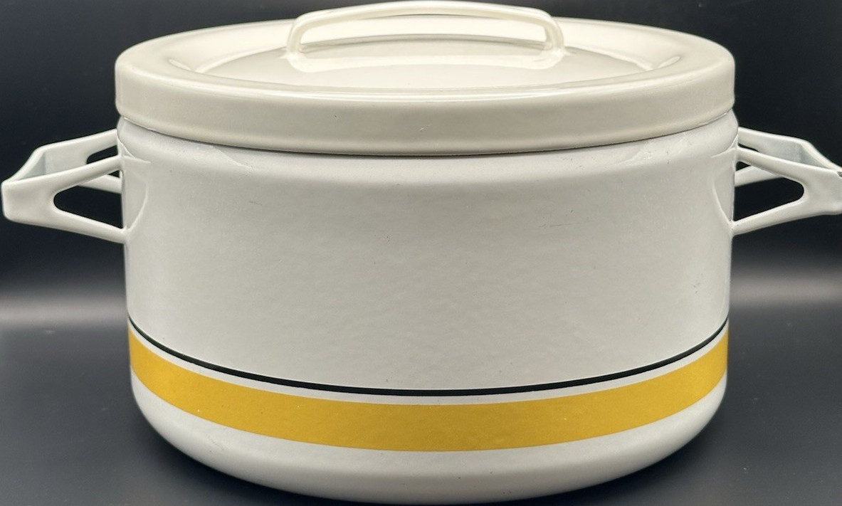 Vintage MidCentury Arabia Finland cookware , white enamel, yellow black stripe ￼