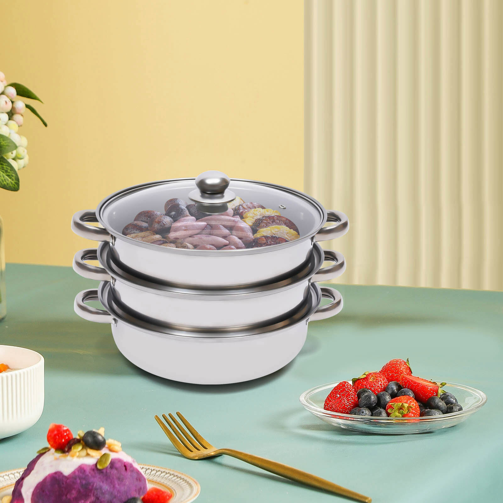 3 Tier Steamer Hot Pot Stainless Steel Cooker Steam Pot Food Cooking + Glass Lid