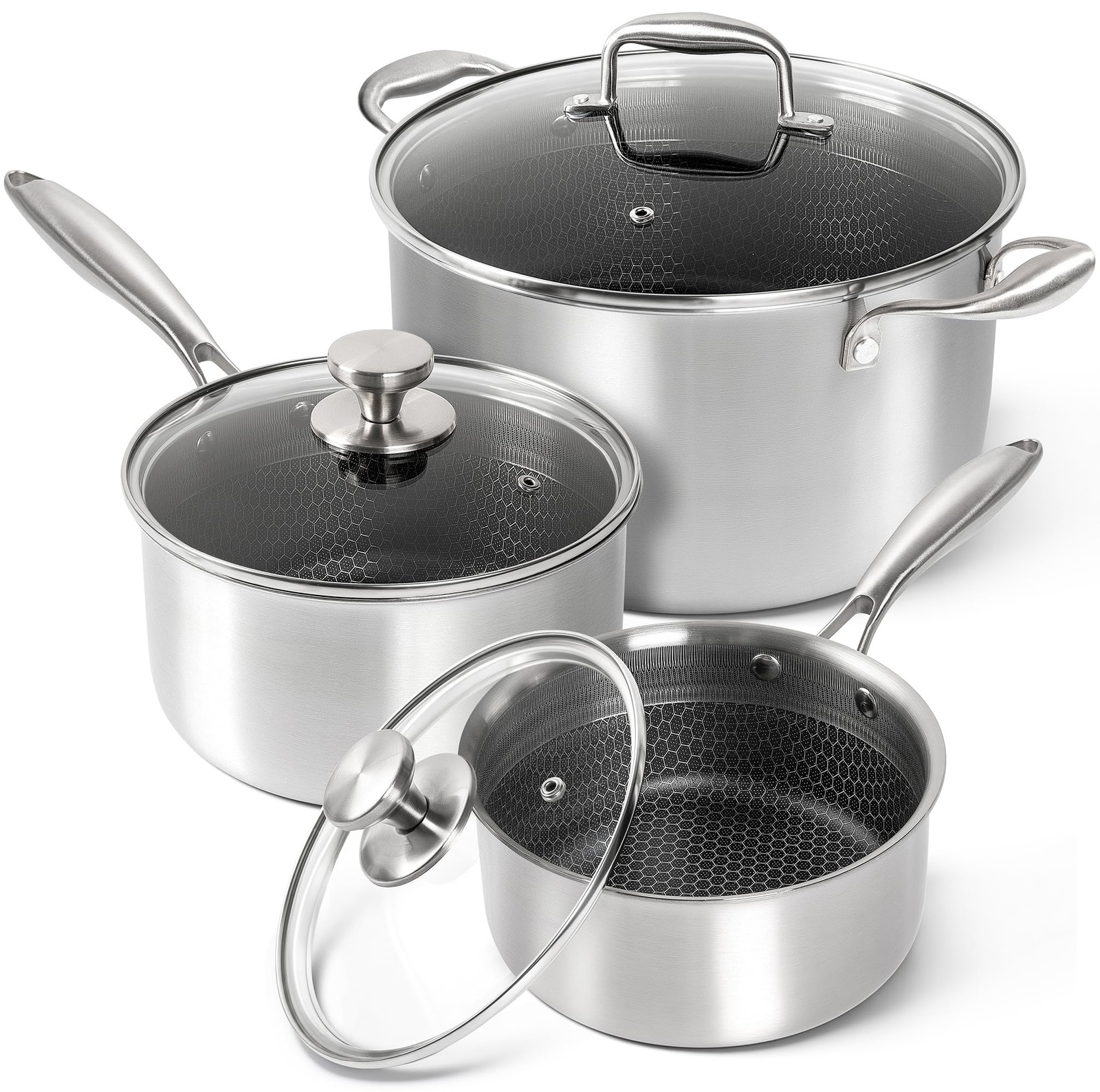 6 Pcs Tri-ply Stainless Steel Pot Set, 2QT & 3QT & 8QT Pot with Lids, Nonstic…