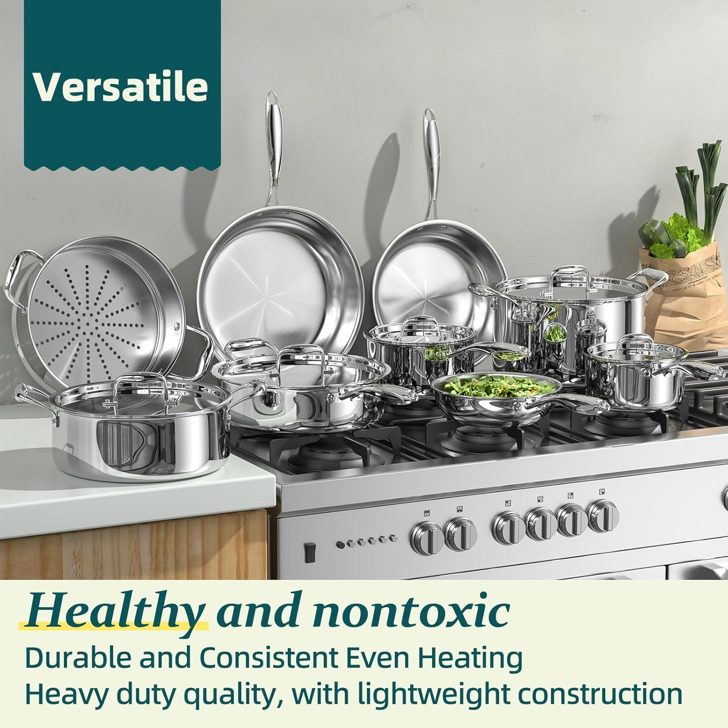 Stainless Steel Cookware Set, 5 Ply 14 Piece Stainless Steel Pot and Pan Set-Ind