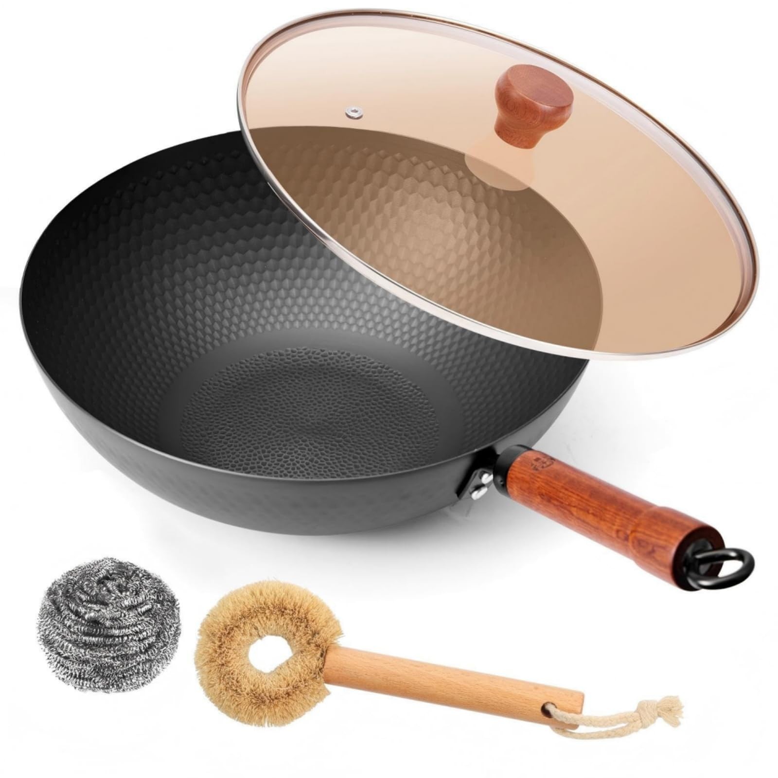 Carbon Steel Wok Pan with Lid, 12.6 Inch Flat Bottom Wok for Induction, Gas &…