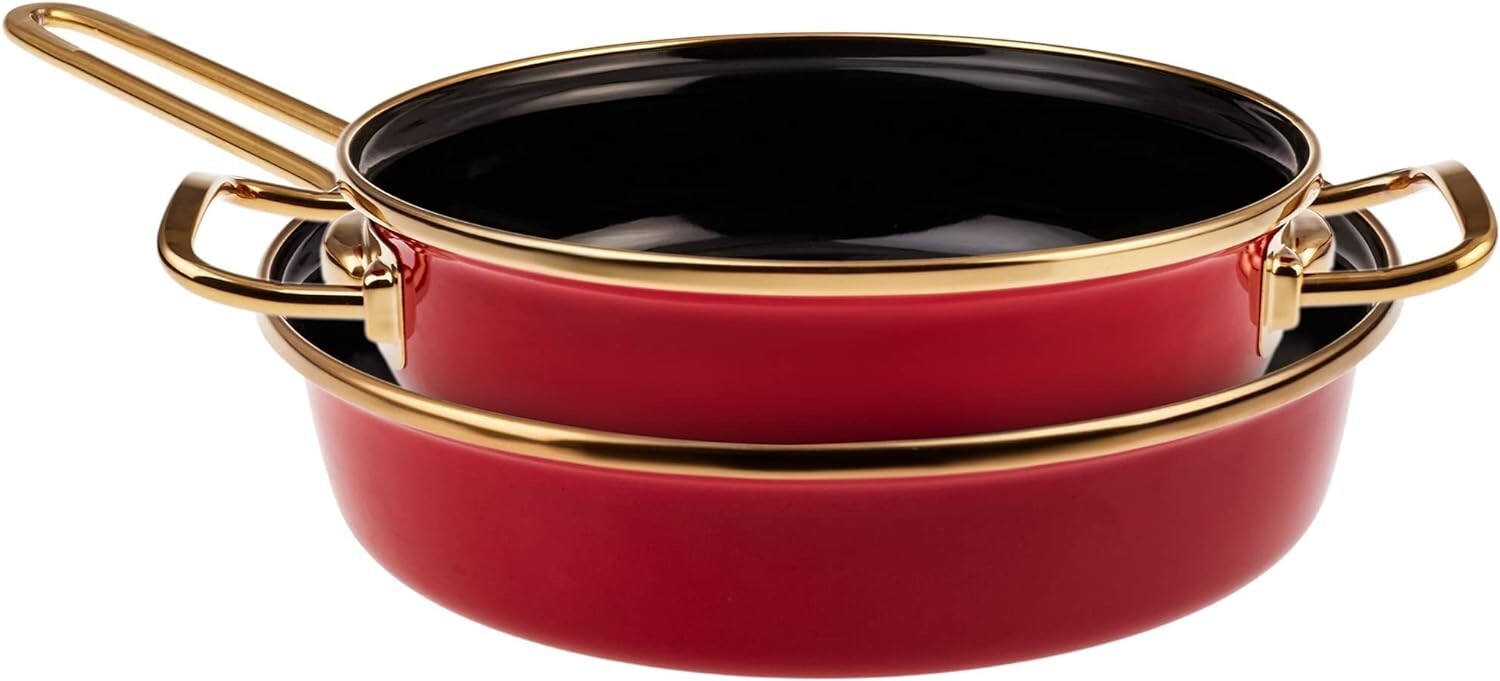 Retro Enamel Frying Pan and Shallow Frying Pan Set, 2 Pcs, White&Red, Non-Stick,