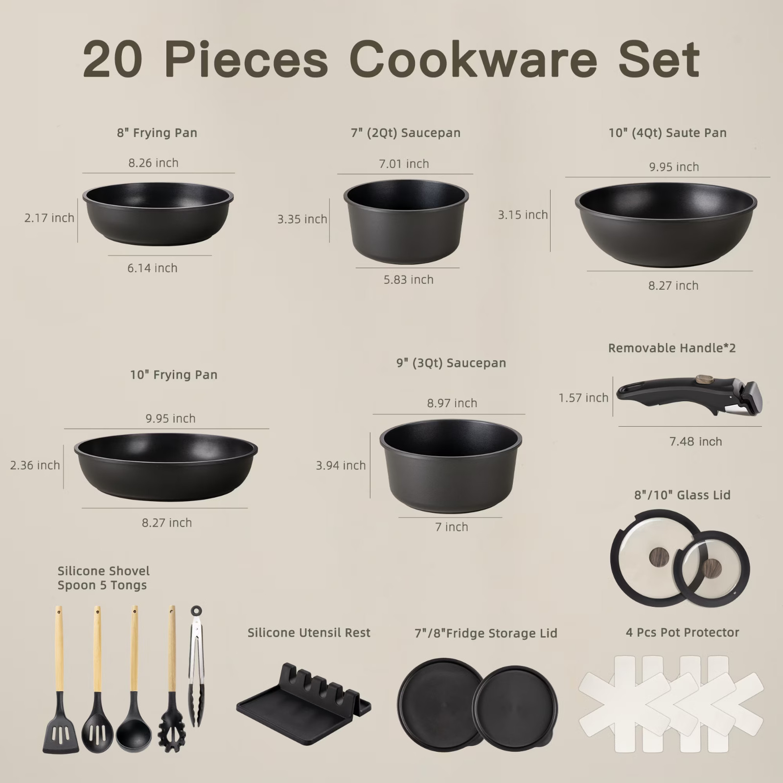 Astercook 20-Piece Nonstick Cookware Set Detachable Handles Induction Stack