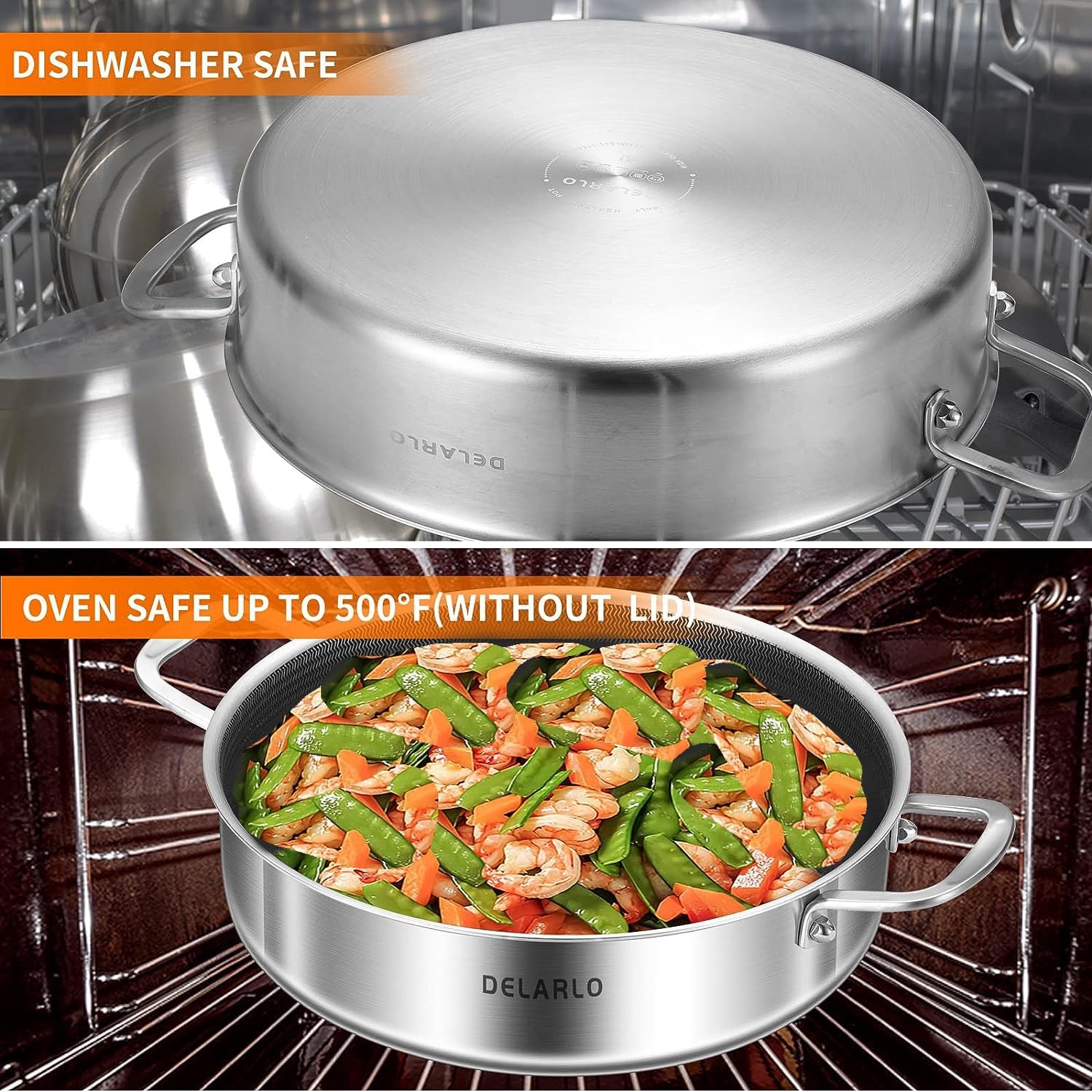 Tri-Ply Stainless Steel 10 Inch Deep Frying Pan 3QT Saute Pan With Lid, Inductio