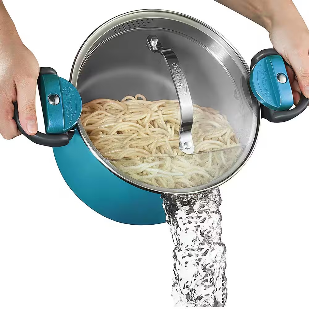 Aqua Blue 5 Qt. Non-Stick Aluminum Ti-Ceramic Pasta Pot with Built-In Strainer a
