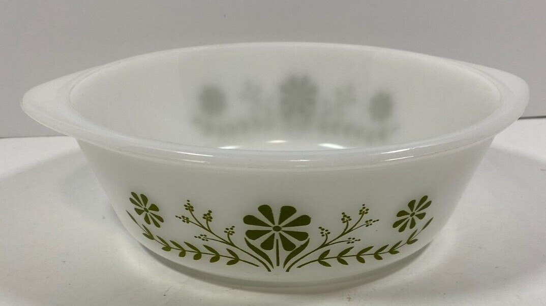 Vintage Glasbake J514 2 QT Green Daisy Casserole/Baking Dish Made in USA 10×3