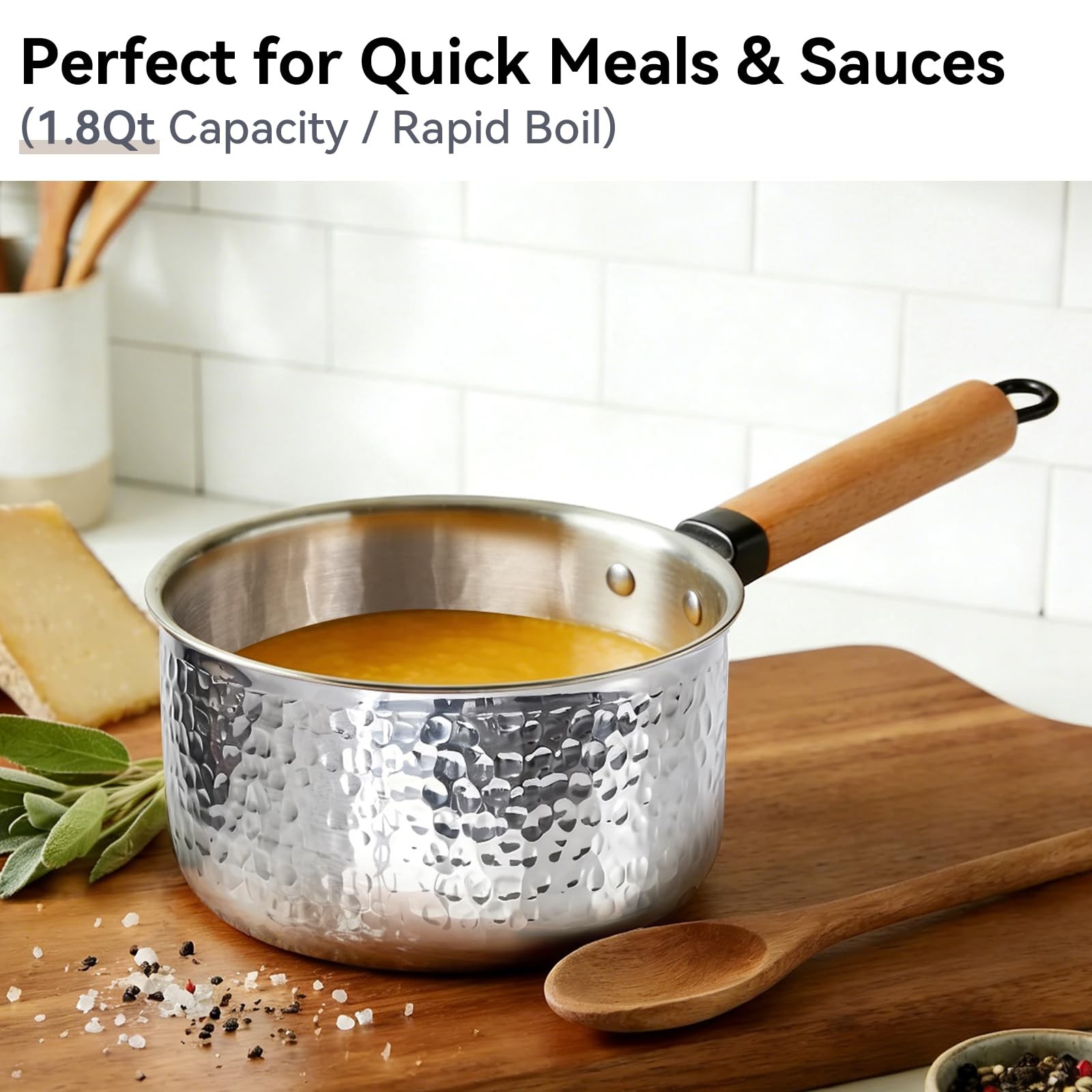 1.8 Quart TriPly Stainless Steel Saucepan With Lid Hammered Wood Handle Milk