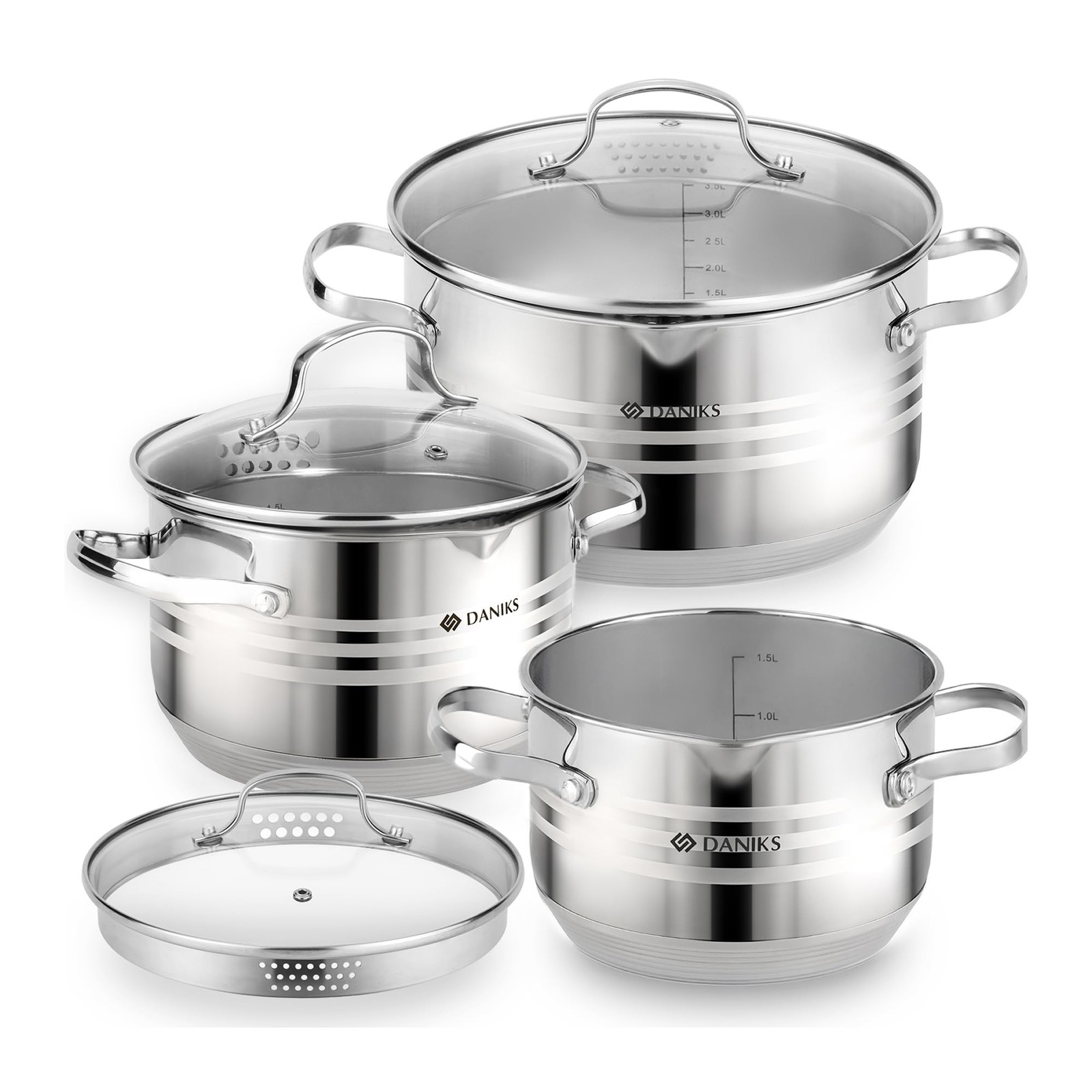 Tokio Stainless Steel Cookware Set, 6-Piece – 2 qt, 3 qt, 4.5 qt Pots with Gl…