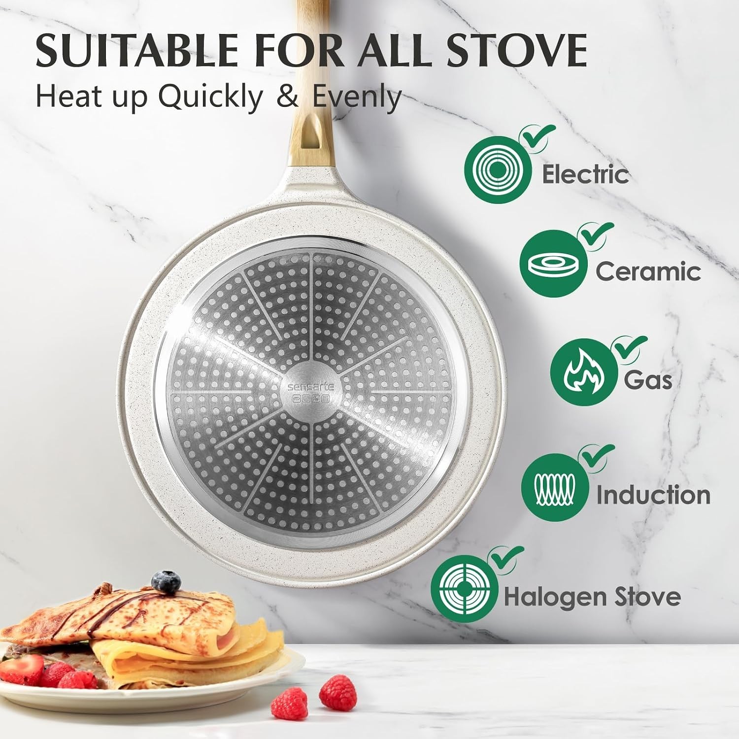 12 Inch Ceramic Non-Stick Crepe Pan Induction Cookware Pancake Skillet White
