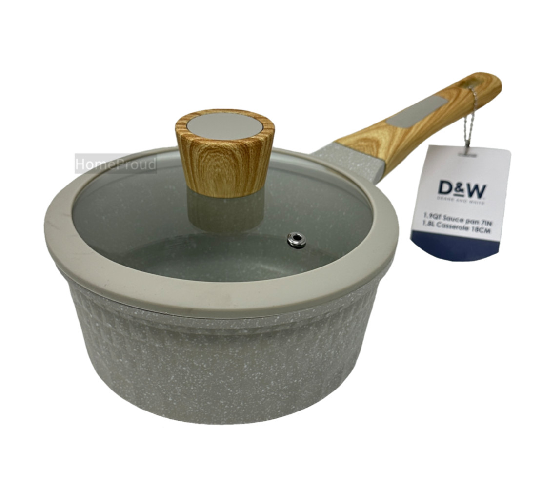 D&W Saucepan Casserole Pot NonStick With Lid 7 inch Small StockPot 1.9 Qt Beige