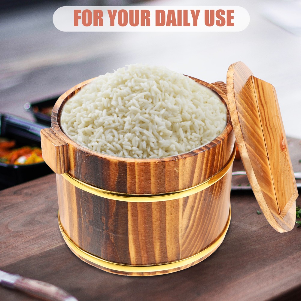 1 Set Wooden Rice Barrel Coffee Color Steaming Bucket for Sushi Serving