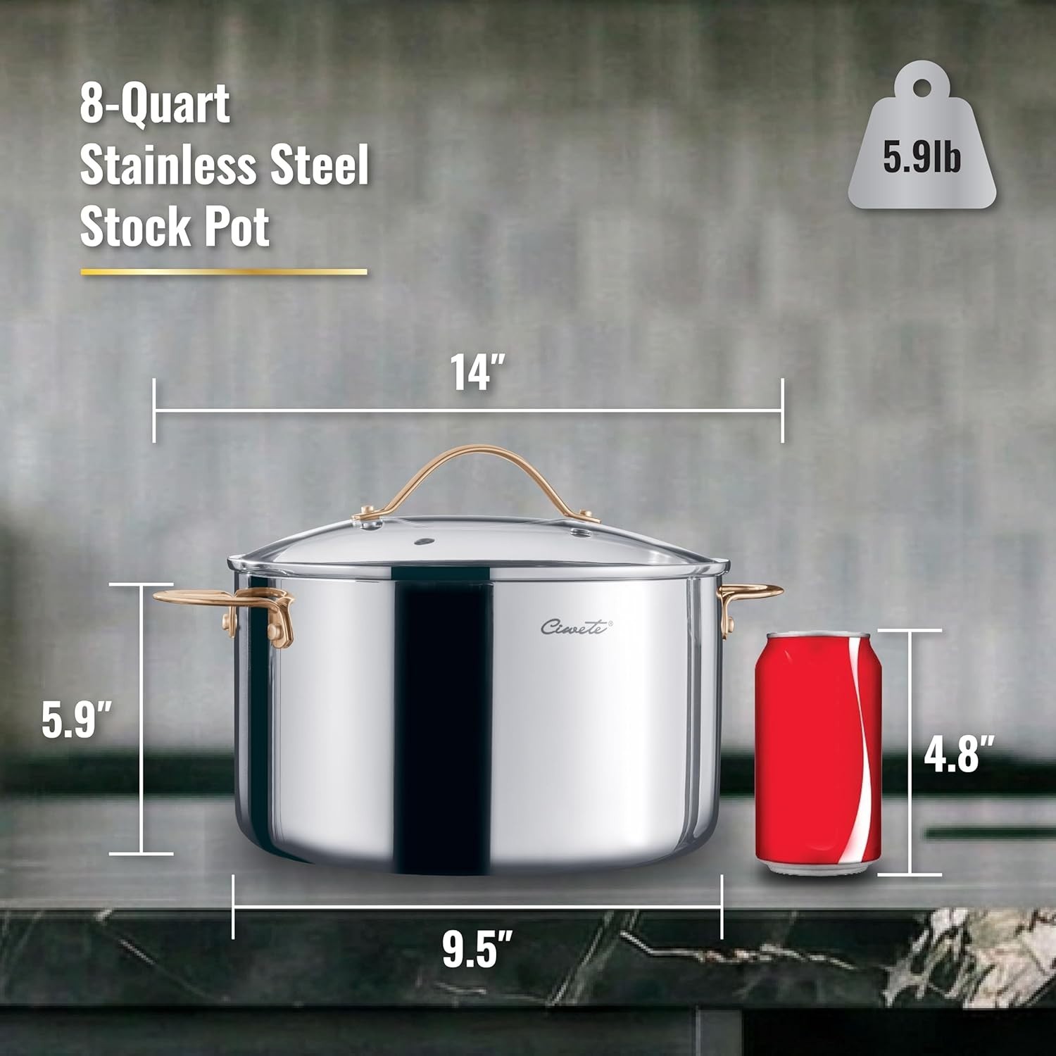 Ciwete 8QT 3-Ply stainless steel stock pot w/Lid, Induction, Gas, Oven(Open Box)