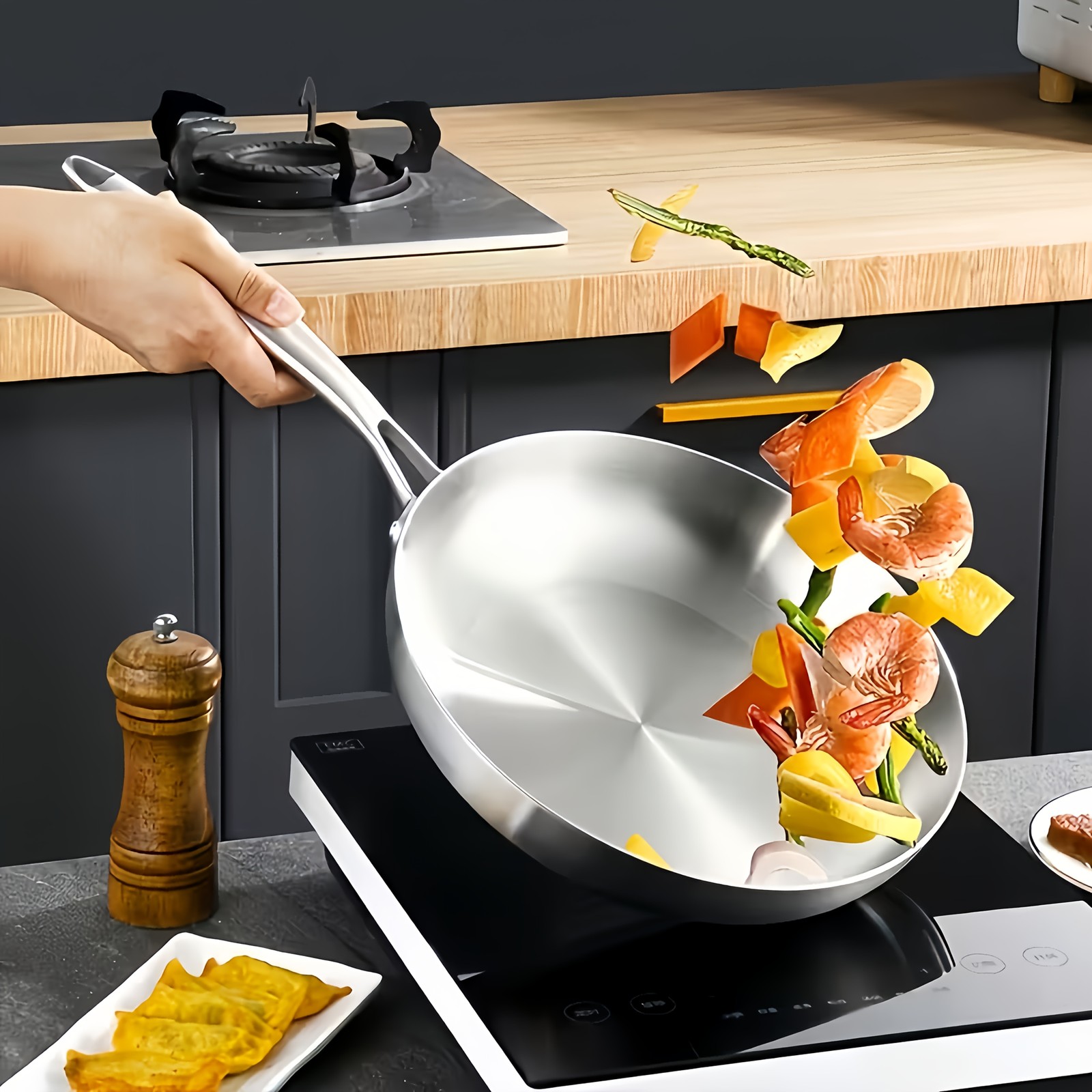 1/3pcs Triply Stainless Steel Frying Pan Set, 304 Flat Bottom Skillet