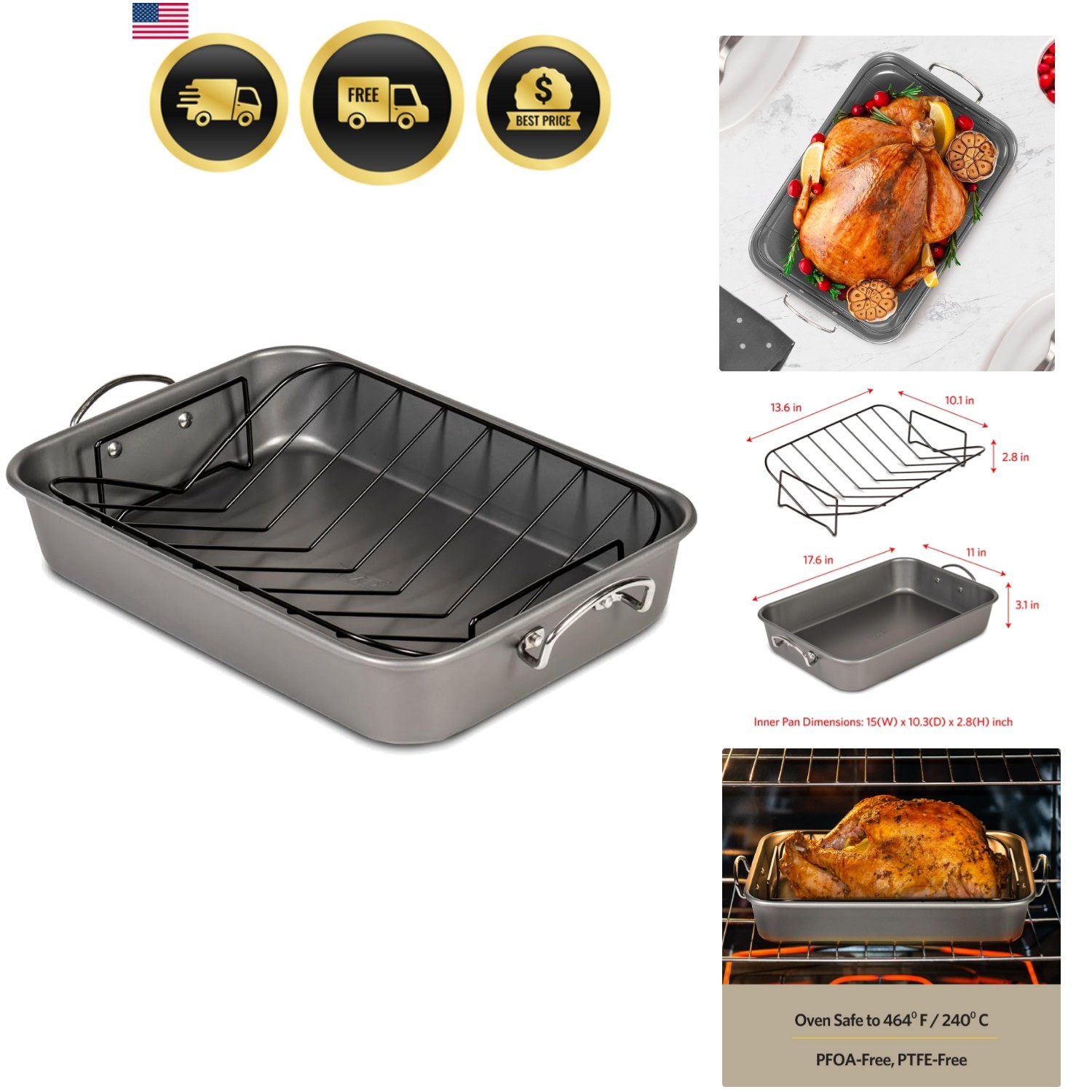 Roasting Pan Nonstick Heavy Duty Metal 15×10 Inch with Rack Oven Bakeware