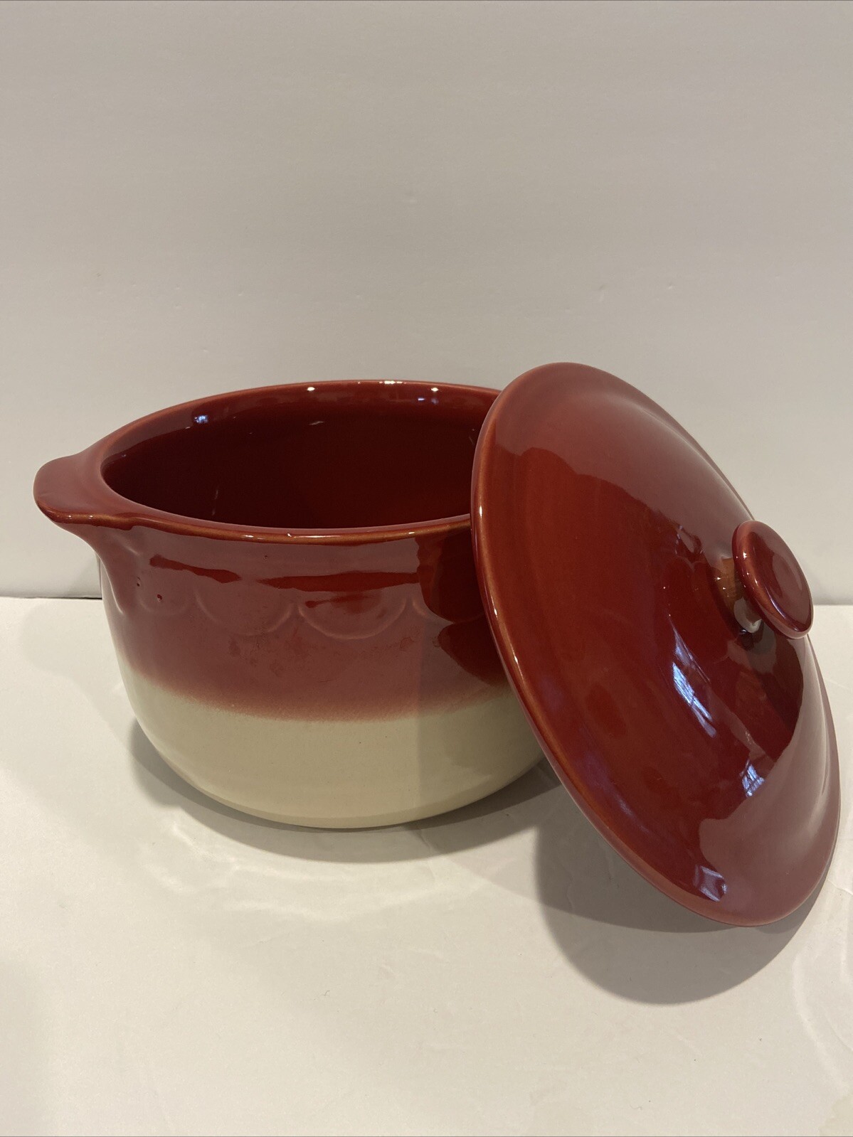 Emile Henry Dutch Oven Dark Red Two Tone Stoneware France Covered Stew Pot