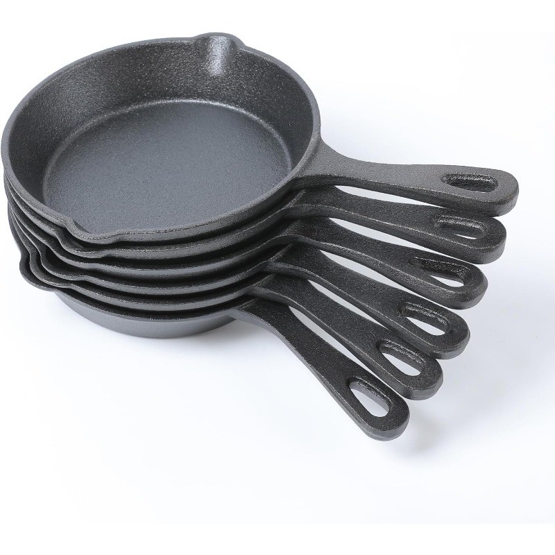 Cast Iron Skillet Set 6 Pcs, Dia.6 Inch Round Pan, Cast Iron Server, Frying Pan