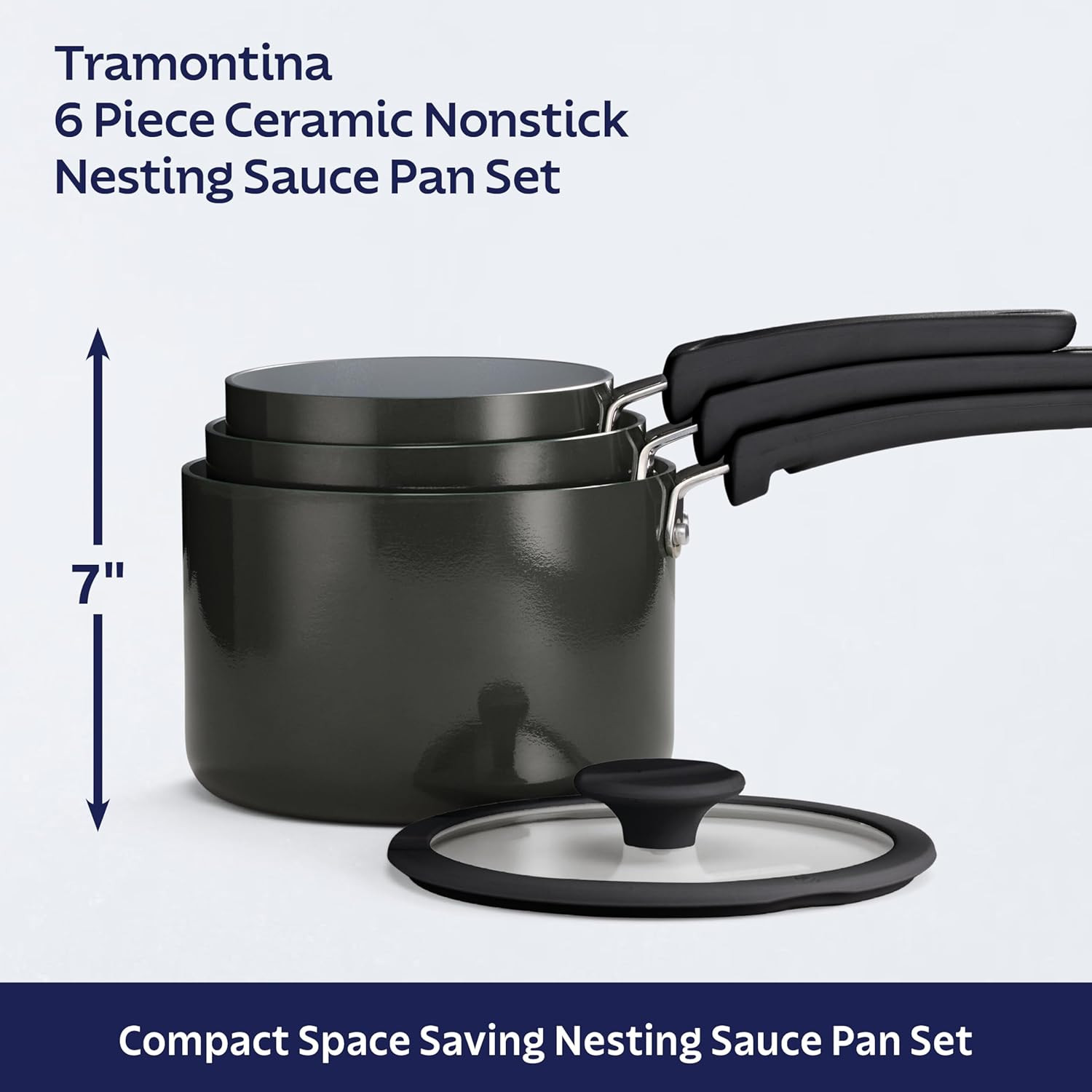 Dark Gray Nonstick Ceramic 6-Piece Nesting Saucepan Set with Lids
