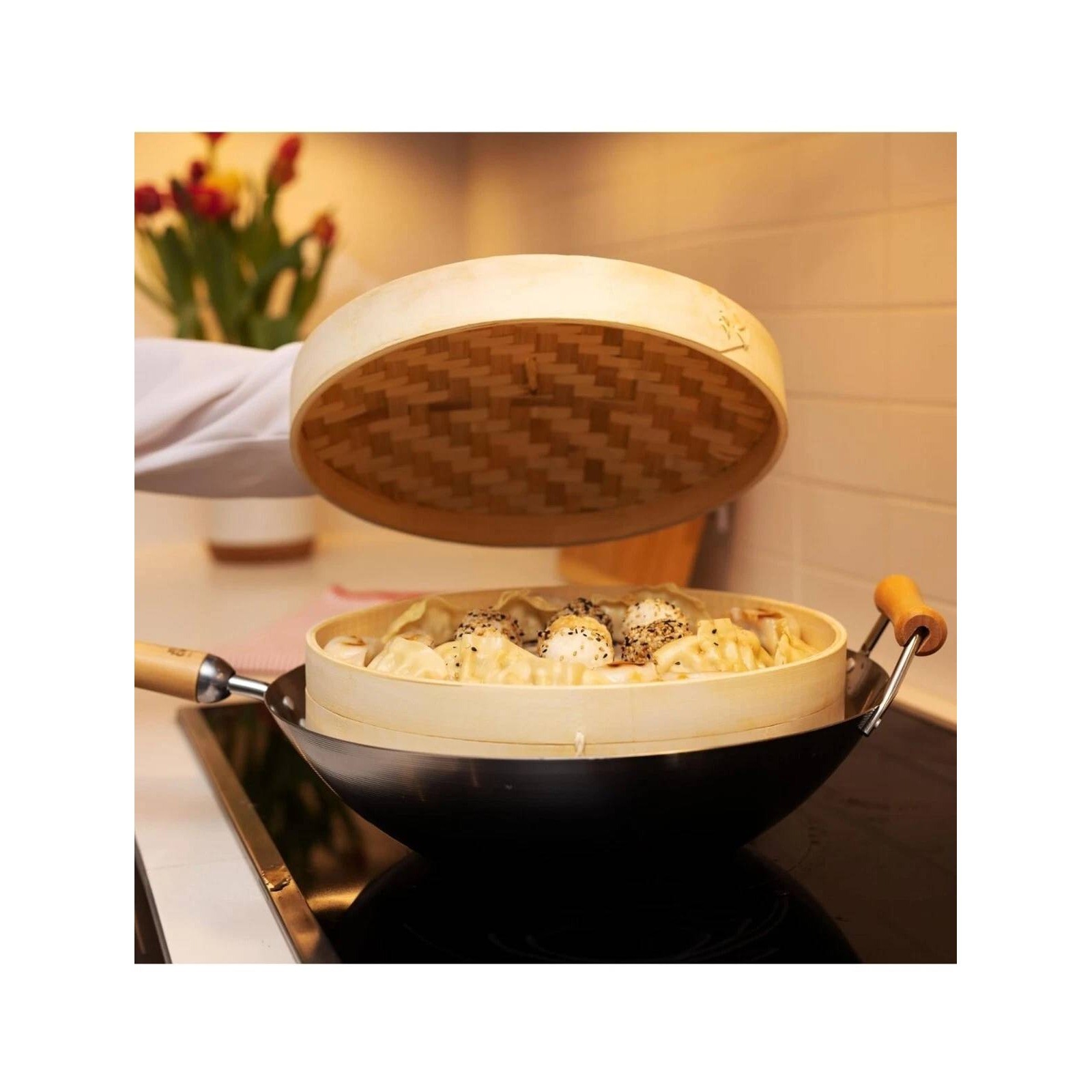 Traditional 10 Inch Bamboo Steamer Basket 2 Tier for Dumplings Buns Vegetables