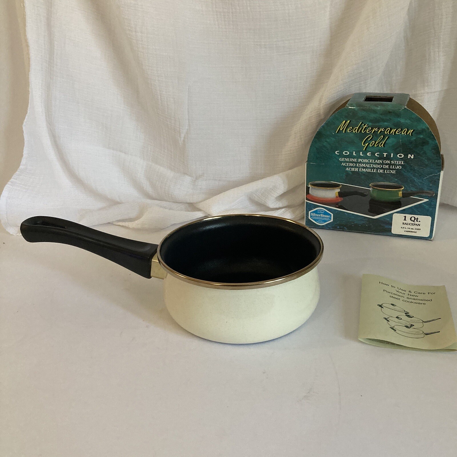Mediterranean Gold 1 Qt Saucepan | Granite White Gold Rim | Silverstone Pot NEW