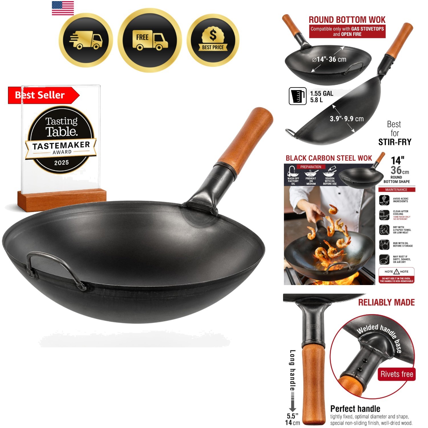 14″ Carbon Steel Wok with Round Bottom – Pre-Seasoned Pow Wok for Stir Fry – …