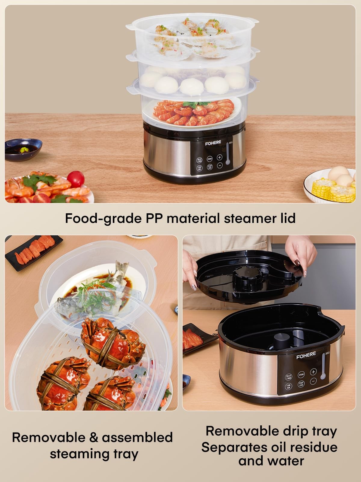 FOHERE Food Steamer for Cooking,13.7QT Vegetable Steamer with Stackable 3 Tiers